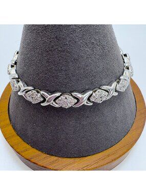 Illusion Stone Sterling Silver 925 X-Link Chain Bracelet Size 7.5" Length